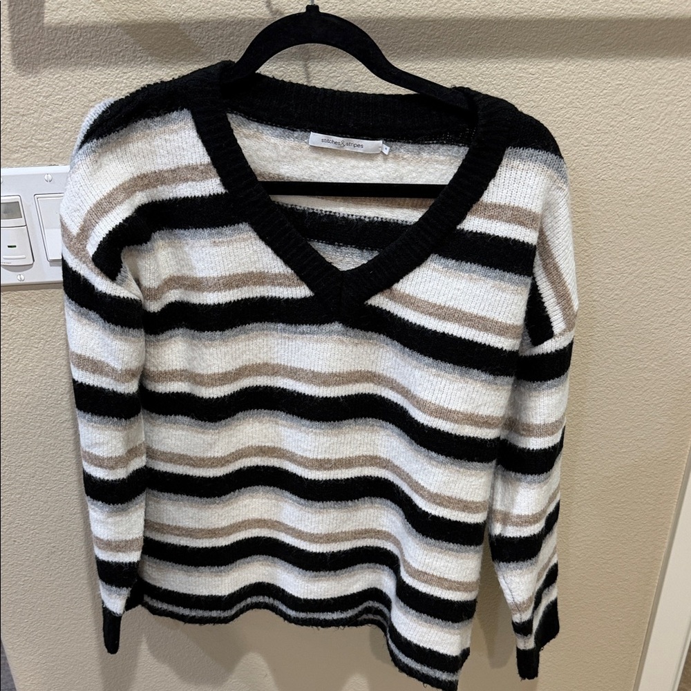 Elegant Striped V-Neck Sweater - Black, White, and Tan